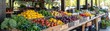 A farmer's market with fresh colorful fruits and vegetables on wooden tables.