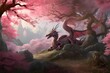 **A tranquil cherry blossom grove in full bloom, with a majestic dragon basking in the beauty of the fleeting springtime