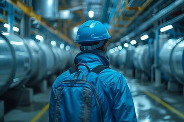 Wall Mural - In an industrial setting, an engineer oversees production amidst rows of tanks and machinery.