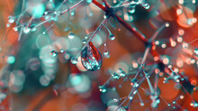 Macro Photo Of Plants And Flowers With Water Drops, Bokeh,  Infrared, Neon, Multicolored. Close-up. Generative AI.