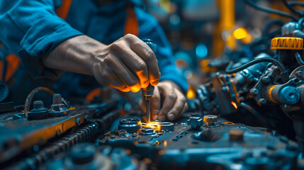 Canvas Print - Technician working in auto repair service. Close-up of male hands repairing car engine