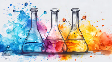 Wall Mural - Laboratory glassware with colorful watercolor paint splashes on white background
