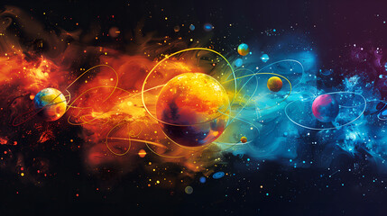 Poster - Image of planets in space against colorful background. Science and education concept