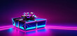 neon color gift box flying on dark neon background space for text. Discount sale background.