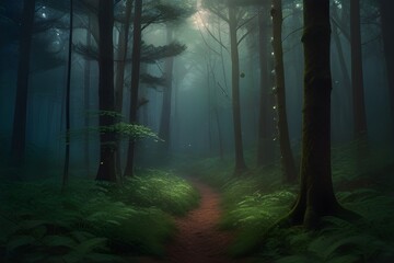 Wall Mural - Mystical forest landscape capturing the beauty and magic of nature with a digital art style. Generative AI