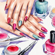 Well-groomed female hands with pink manicure in beauty salon. Watercolor illustration.