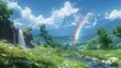   A rainbow painting graces the sky above a mountain stream, while a lush green valley houses a flowing stream