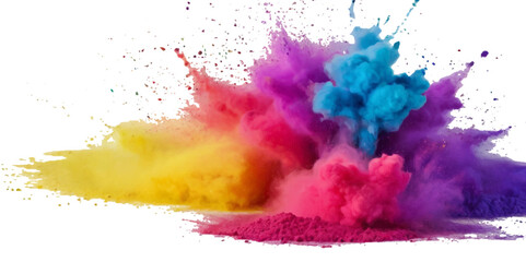 Colorful smoke rainbow painted holi fog festival background. Colorful rainbow paint color smoke cloud explosion isolated on transparent background.