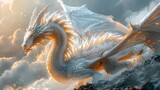 Fototapeta  - A majestic dragon soaring through a cloudy sky, its scales glistening in the sunlight as it twists and turns with grace