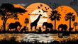   A group of giraffes and elephants silhouetted against an orange sunset over the water's surface