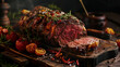 Cose-up view of a seasoned leg of roasted beef with tomatoes, rosemary and garlic cloves in the background