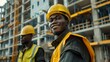 Black african american worker construction in hard safety helmet hat at work on construction site. Labour day concept. Generative ai