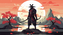 Samurai Illustration 2d Flat Cartoon Vactor Illustration