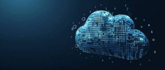 blue 3d digital cloud with glowing binary code digits, ai in cloud computing infrastructure, data storage and processing, machine learning algorithms, scalable computing resources  applications.
