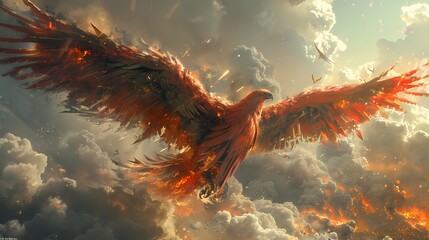 A mechanical phoenix rising from the ashes of a devastated landscape, its wings spread wide as it takes flight into the crimson sky