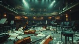 Fototapeta Tulipany - Solitary Stage:Abandoned Musical Instruments Adrift in an Empty Concert Hall's Moody Atmosphere