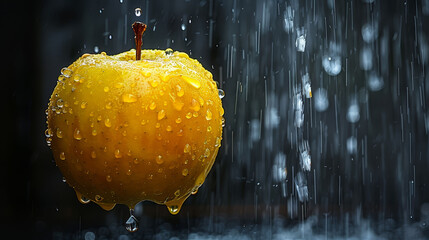 Wall Mural -   A yellow apple sits atop a wet table, nearby is a black-and-white wall with water droplets