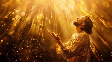 Wall Mural - Portrait of Jesus Christ with sun rays and golden glittering background