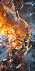 Canvas Print - Sunset through ice cave, close up, amber light, silent marvel