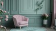 Pastel living room in light colors. A powdery dusty pink rose armchair and a mint wall. Rich room in classic style. Empty wall with frame moldings for picture gallery. 3d rendering