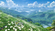 Panoramic Alpine Meadow with Lush Greenery and Mountains in Summer, Blue Sky Background