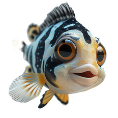 Wall Mural - Angled view of a smiling 3D cartoon illustration of swimming captivating Zebra Danio Fish isolated on a white transparent background.