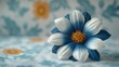   A blue-and-white flower sits atop a bedding covered in matching blue-and-white wallpaper, its own bloom resting there as well