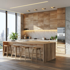 Modern and elegant kitchen, with black and wooden cupboards and big window with blinds
