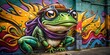 Green cartoon frog character with big eyes doing graffiti on a wall