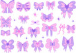 Cute pink bow set y2k 90s style. Ribbon girly icon for card, sticker, print design. Pink glamour vector illustration.