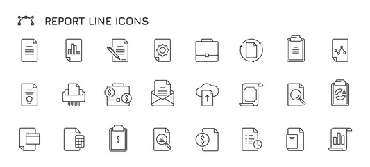  Report line icons. Check mark, tick, download and upload, data analyze and generate, graph and chart, document and research. Vector infographic symbols