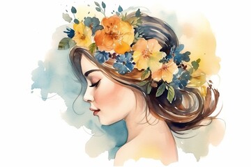 Wall Mural - Beautiful girl with flowers in her hair, fashionable illustration, isolated background, watercolor painting. 