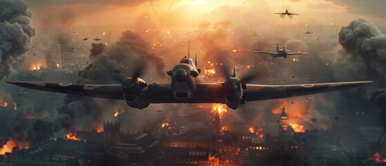 Wall Mural - WW2 British Spitfire planes flying over the ocean during sunset with smoke and fire in the background