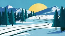 Sunlight Filtering Through Pine Trees Onto Ski Tracks In Snow On A Remote Mountain Slope Minimalistic Illustration.