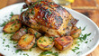 Golden potatoes and succulent roasted chicken with herb garnish presented on a white plate