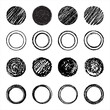 Hand drawn charcoal, crayon, chalk scribble outline circles, rings set, collection. Round shapes, spots with hatching, text frame, label templates. Rough textured artistic grungy backgrounds