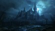 Fantasy scene of dark evil castle and palace courtyard with shining moon