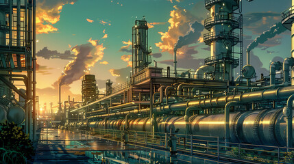 Wall Mural - A large industrial plant with a lot of pipes and a lot of smoke