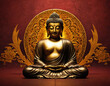 Meditating Golden Buddha Statue , Copper Circular Ornaments and Red-toned Background, Ai Illustration
