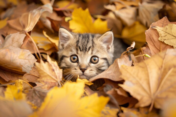 Wall Mural - A kitten is hiding in a pile of yellow leaves
