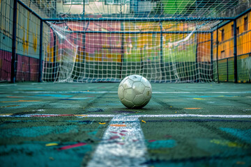 Wall Mural - A soccer ball is sitting on the grass next to a goal