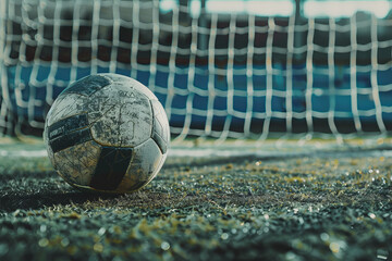 Wall Mural - A soccer ball is sitting on the grass next to a net