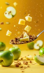 Wall Mural - Spoon with green apples and granola falling on yellow background, healthy breakfast concept