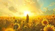 A Person Standing In A Field Of Sunflowers At Sunset.