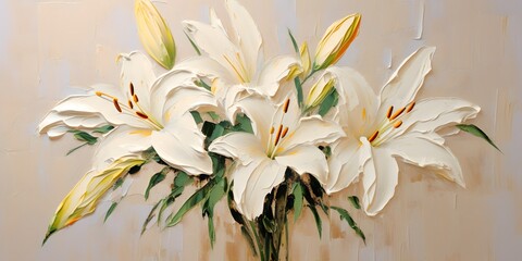 Wall Mural - Oil painting of white lilies, formed with bold palette knife strokes on beige background, wall art, posters, wall posters, decoration, home decoration