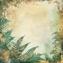 A Green And Gold Fern Frond Background With A Vintage Grunge Texture.