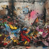 Fototapeta  - A graffiti-covered wall with a bunch of abstract imagery