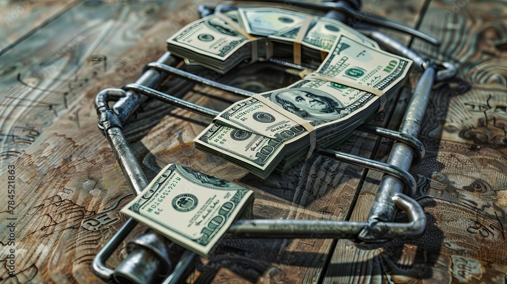 A question mark formed from dollar bills in a large metal bear trap ...