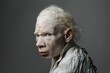 © VICHIZH - Portrait of albino man with white hair and chain around neck looking at camera in studio shot