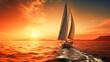 A yacht or a boat is sailing on the sea towards the sunset